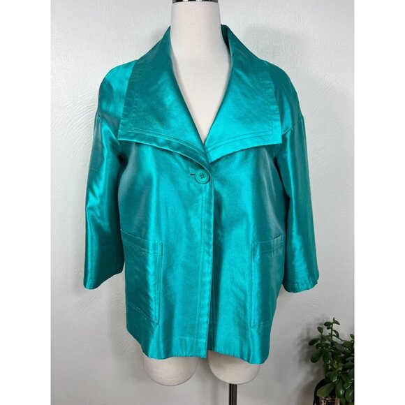 St. John Womens Teal‎ Silk Blend 3/4 Sleeve Collared Jacket Size 8 Quiet Luxury - Picture 1 of 14